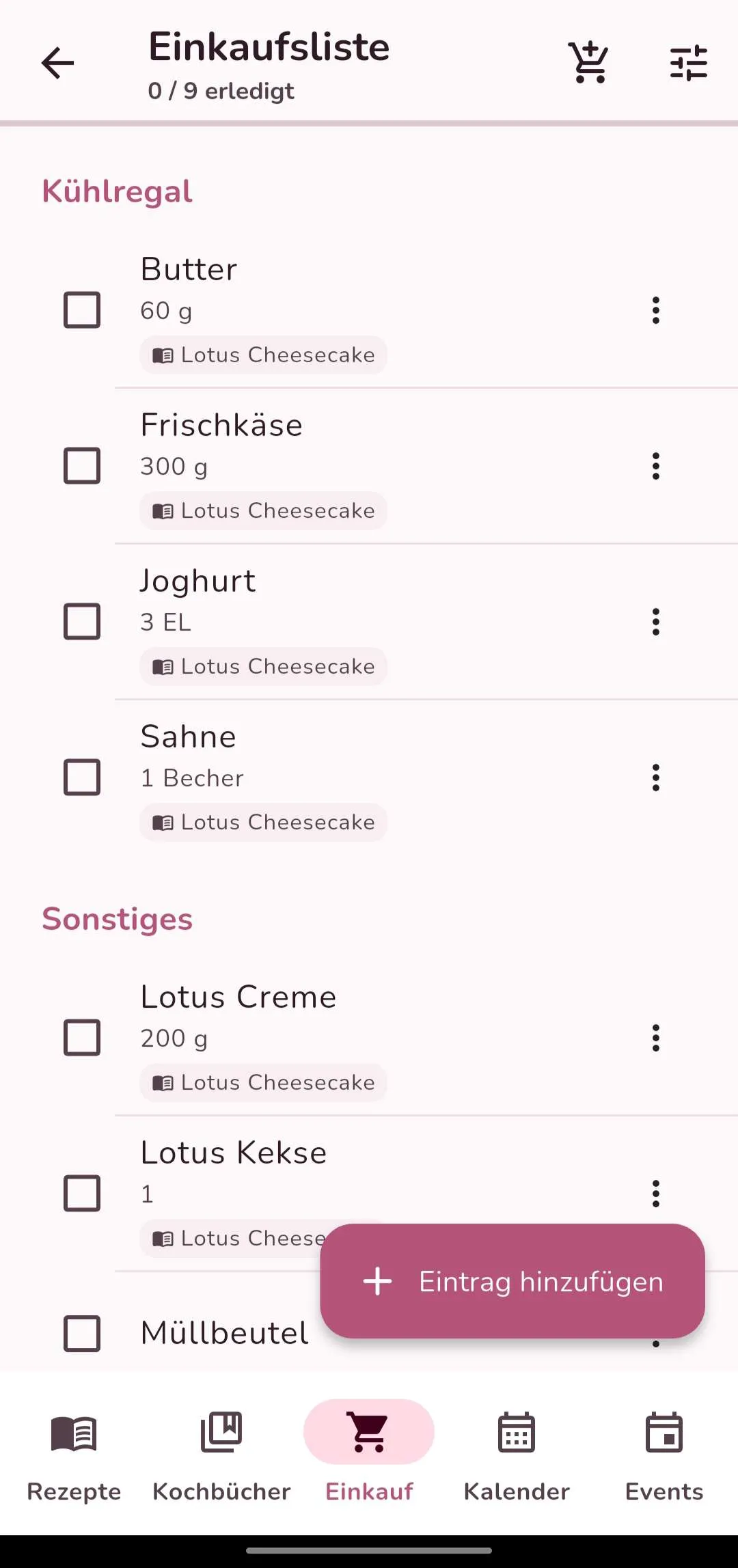 Happi Happi: Einkaufsliste aus deinen Rezepten